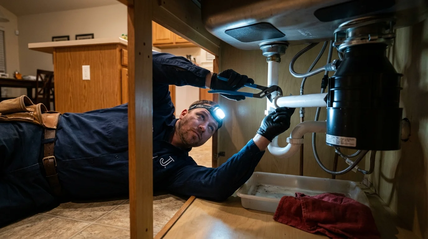 P-trap and supply line connections under a kitchen sink showing a common leak point in Garden City, TX